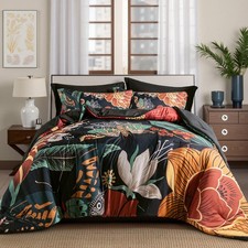Tyrot Black Boho Floral Queen Comforter Set - 3 Piece Vintage Farmhouse Bedding