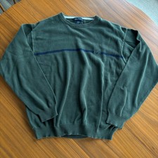 90s Vintage NAUTICA Mens Crewneck Sweater Medium Green Striped Knit 100 Cotton