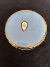 VTG Art Deco MCM Ribbed Glass Vanity Powder Jar With Blue Brass Rim Lid Preowned