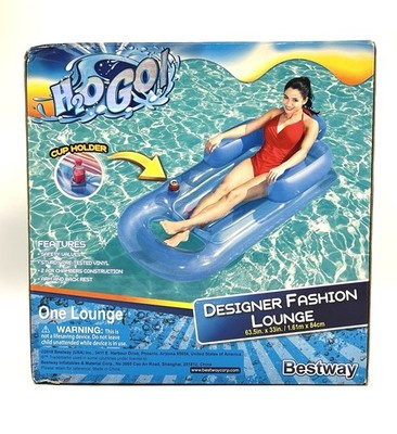 Bestway H2OGO Inflatable Designer Fashion Lounge Long Pool Float Blue Cup Holder