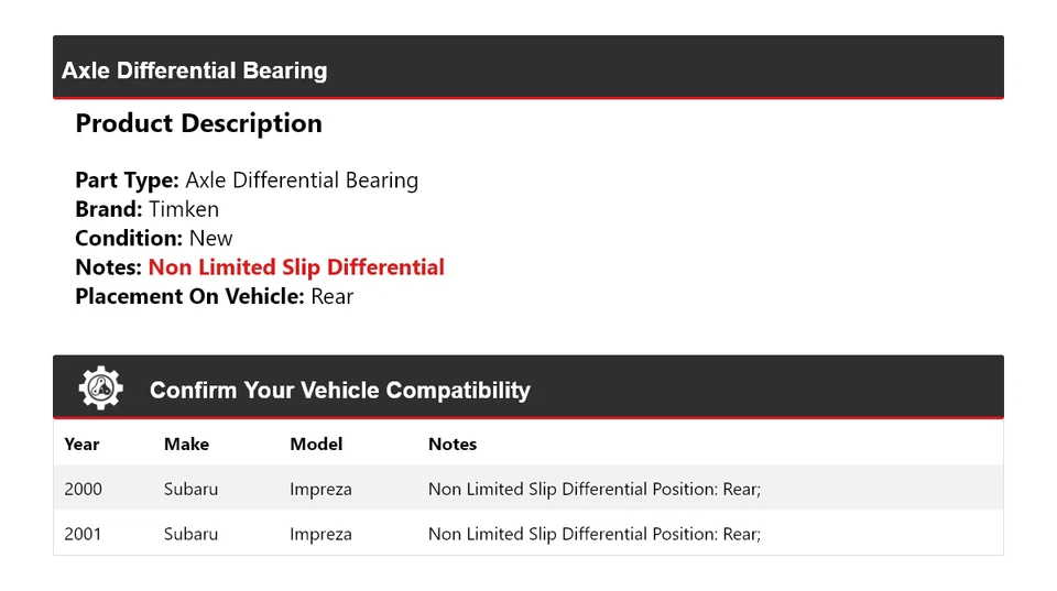 Cojinete diferencial eje trasero Timken para Subaru Impreza 2000-2001 Foto 2 de 4