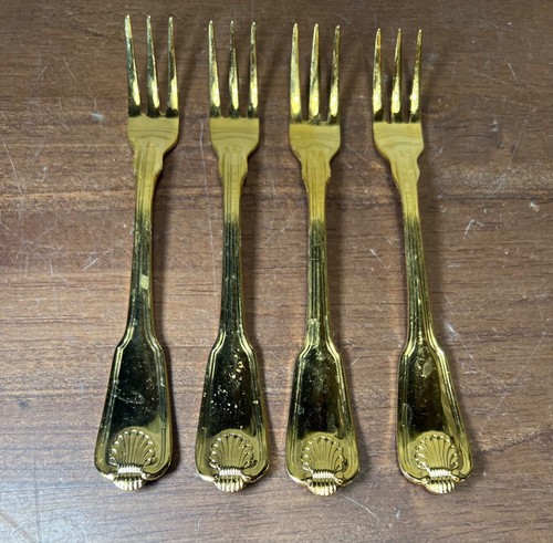 Estia G.P. Korea Gold Electroplate Golden Shell Flatware 4 hors d’evour forks - Picture 2 of 4