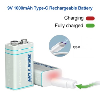9V Battery Rechargeable Type-C Charging 1000mAh 9Volt Li-Ion Battery Power Lot