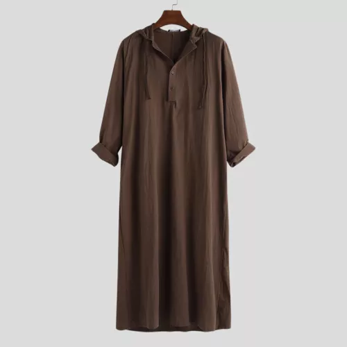 Arabisches lockeres Kleid Herren Langarm Thobe Kaftan Kapuze Robe Muslim Saudi Islamisch - Bild 13 von 22
