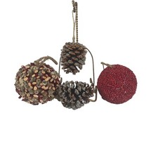 Natural Woodland Rustic Christmas Ornaments Set of 4 Pinecone Branch Berries