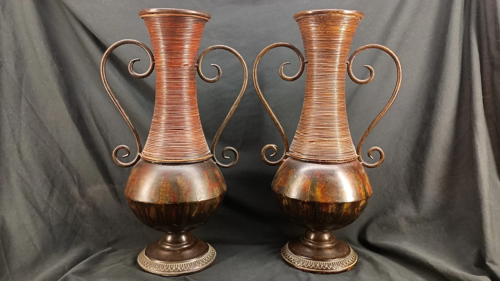Pair Of 19 Inch Aged Bronze Tone Metal And Wicker Dry Flower Vases Home Decor