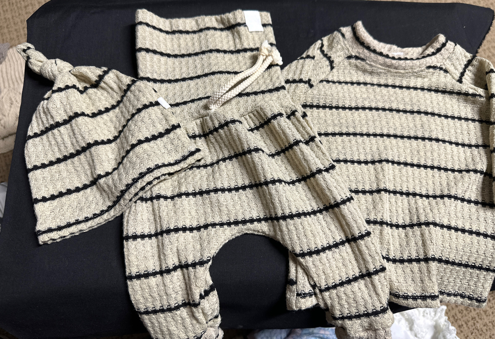 SWEATER & BONNET  Pants SET VG. CONDITION. CUTE! Stripe 2 Sweetcheeks 0-3 Mo-image