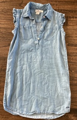 Vineyard Vines Girls Flutter Sleeve Tencel Dress Size 7 Chambray Blue & Pink