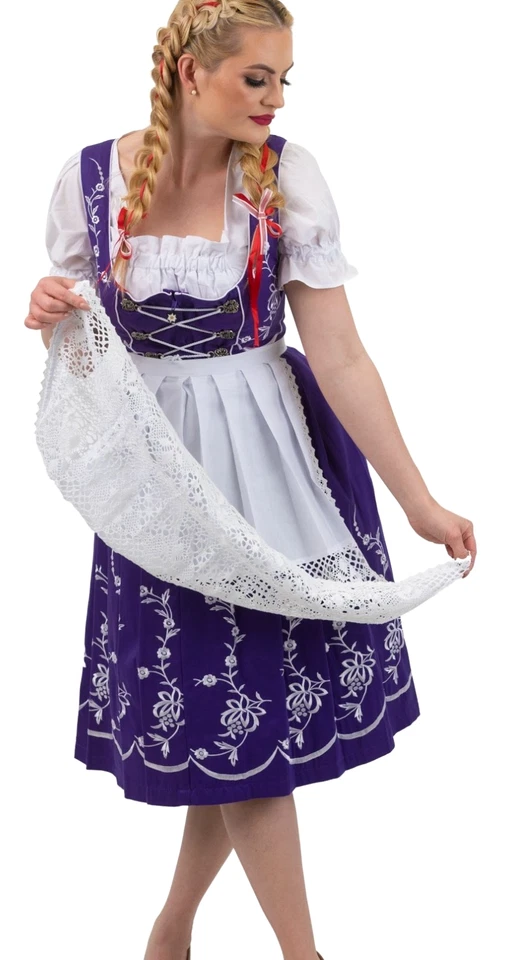 XL 18 Vestido Largo Dirndl Alemán Púrpura Bordado Conjunto de 3 piezas Oktoberfest Camarera Foto 3 de 4