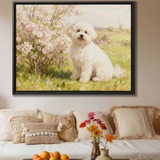 Floral Dog Artwork Bichon Frise Canvas Print Oil Painting Living Room Decor