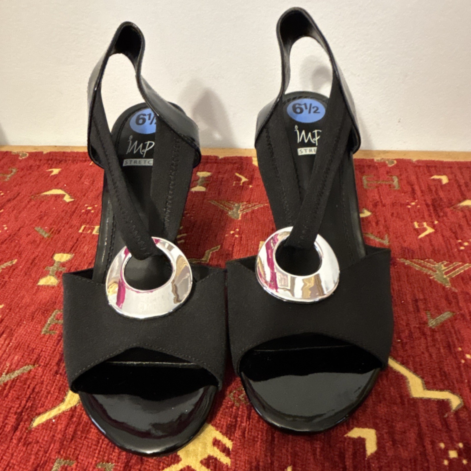 Impo Women's Black Slingback Wedge Sandals Metallic Accents Stretch