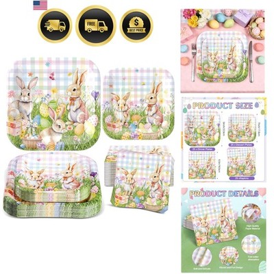 Easter Pates and Napkins -Square Easter Paper Plates 9'' Bunny Gingham Egg Pla...