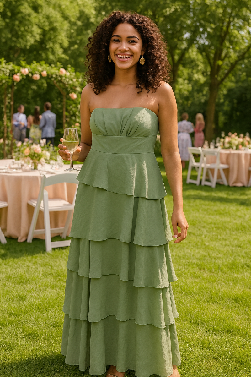 Lulus Women's Size XS Olive Green Chiffon Strapless Tiered Maxi