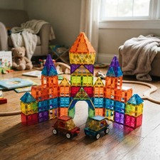 Magnetic Tiles 100 pcs with 2 Cars, STEM Building Blocks for Kids, Educationa...