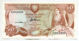 Cyprus 1989 50 Cents Banknote P#52 Uncirculated See Scans
