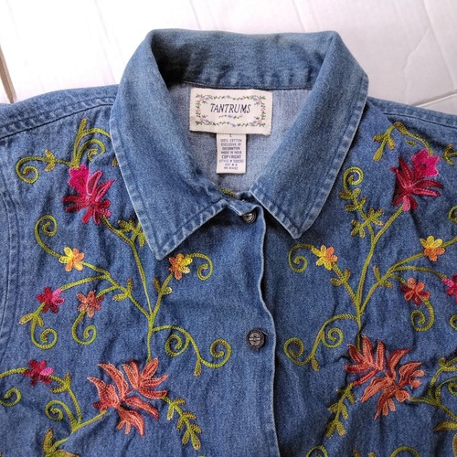Tantrums Denim Jacket Floral Embroidered Cotton Button Up Blue Womens Large Boho