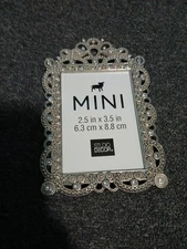 Studio Decor Mini Silver Tone Metal Ornate Picture Frame Rhinestone Accents 
