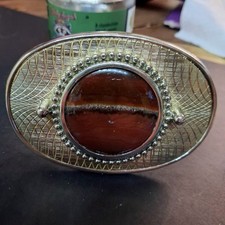 Vintage Western Belt Buckle Gold Tone Engraved Geometric Banded Agate Cabochon