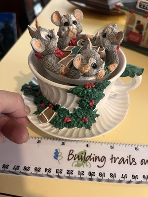 1996 Enesco Music Box Teacup Spinning Mice Gingerbread Home For The Holidays