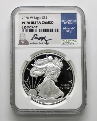 2020-W PROOF SILVER EAGLE NGC PF70 ULTRA CAMEO EDMUND MOY HAND SIGNED BLUE LABEL