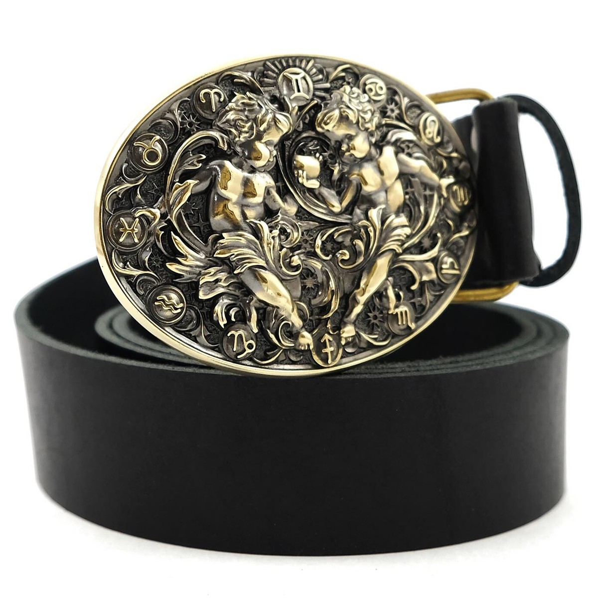 Leather belt with brass buckle Gemini, Twins Horoscope