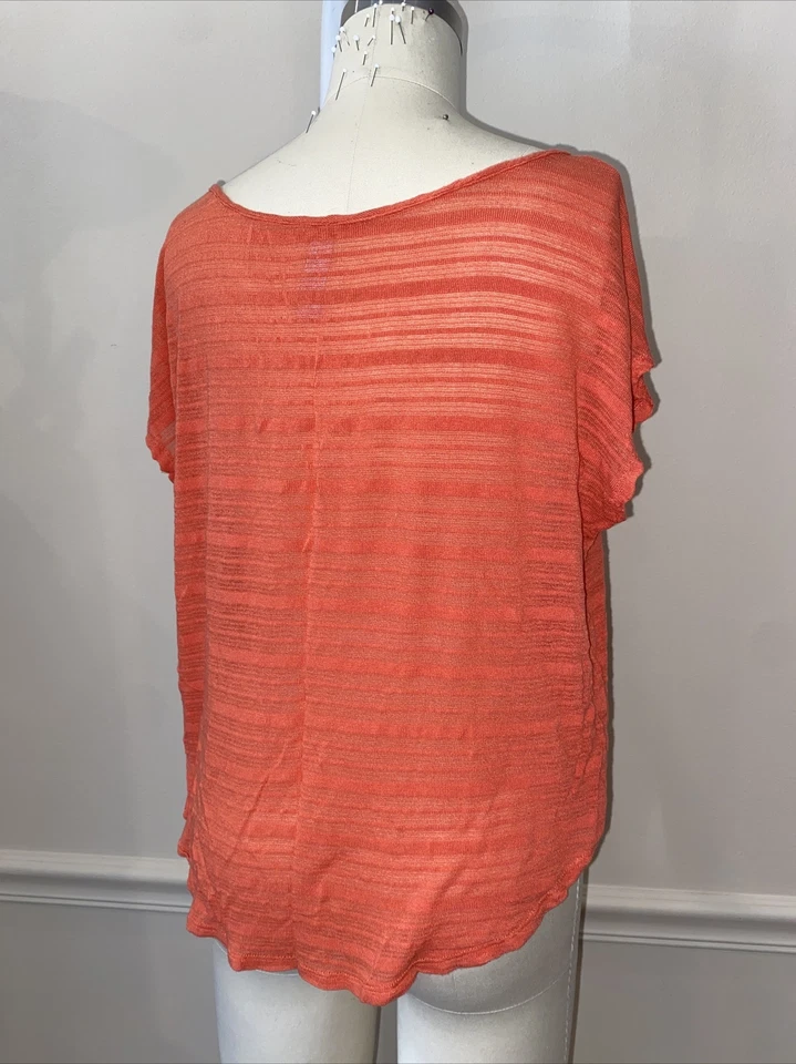 Alya Women's Coral Orange Short Sleeve Tee Sheer Stripe Paper Thin Rayon Small S - Image 2 of 4
