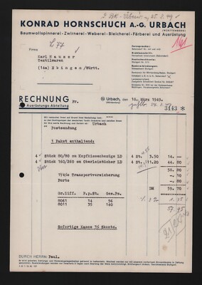URBACH, Rechnung 1949, Konrad Hornschuch AG Baumwoll-Spinnerei Zwirnerei Bleiche