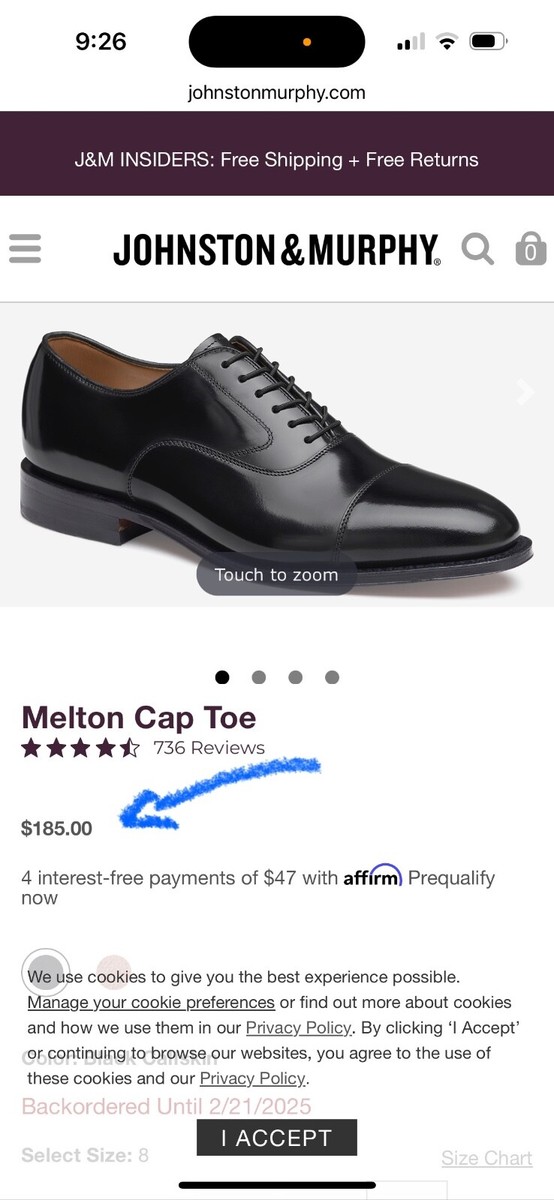 $185 Johnston Murphy Optima Men's Melton Cap Toe Shoe 10.5 D