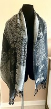 100 PASHMINA Black/White Floral Design with Tassels Shawl/Scarf 67"x28"