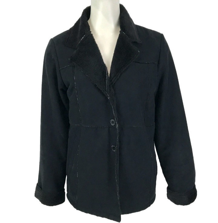 Etique Jacket Black Size 12 Faux Fur Sherpa Pockets Button Front Casual Women's