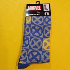 NWT Adult Marvel X Logo Novelty Graphic Crew Socks Blue Yellow Size 9-13