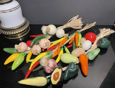 Vintage Ceramic Vegetables On Braided Rope- 3 Strands Hanging Decor  No Cracks