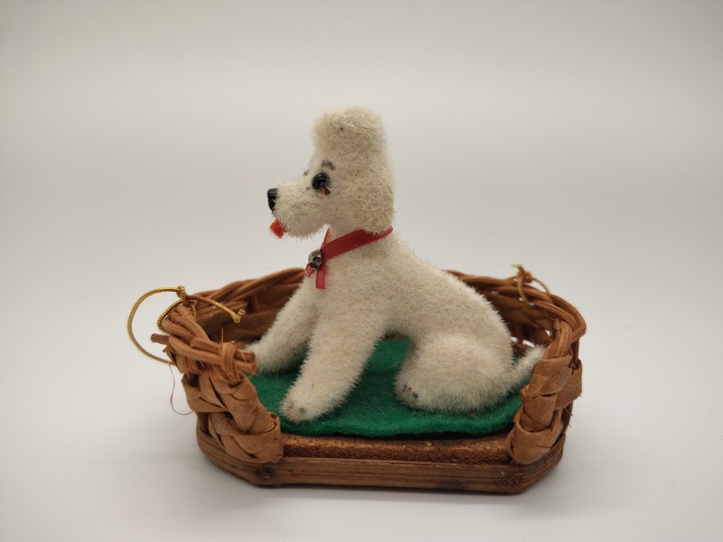 Vintage Wagner Kunstlerschutz West Germany Flocked Poodle in Basket Ornament