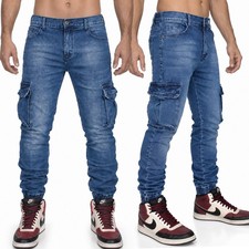 Jeans Uomo Cargo Denim Tasche Laterali Pantaloni Elasticizzati Slim Fit 1343
