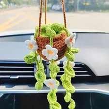 Potted Plants Crochet Rear View Mirror Accessories, Hand Crocheted Glue Free S
