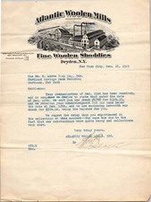 1919 Atlantic Woolen Mills Letter Dryden NY Fine Woolen Shoddies