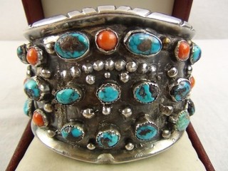 EX HEAVY 158g BIG 7.5" Native Sterling Turquoise Coral Cuff Bracelet Navajo