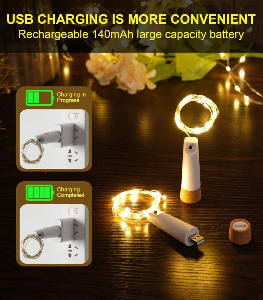 Luces botella vino con corcho 4pzs USB recargables 20 leds 6.6ft blanco calido - Image 4 of 4