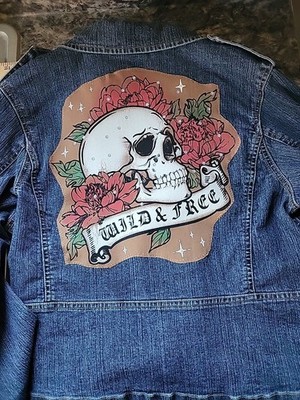 Wild And Free Skull And Roses Patch On  Upcycled Denim Jeans Jacket Juniors XL 