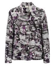 Chico's 100 Linen Trucker Jacket Button Abstract Sz 1 M/8 Gray Purple Silver