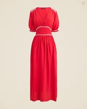 J Crew Red Plunge V-neck Puff Sleeves Midi Dress Smocked Trim Crepe Sash