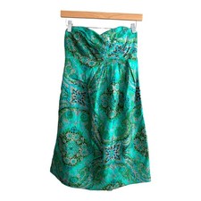 J. Crew Casbah Green Paisley Strapless Silk Dress 2 XS Extra Small