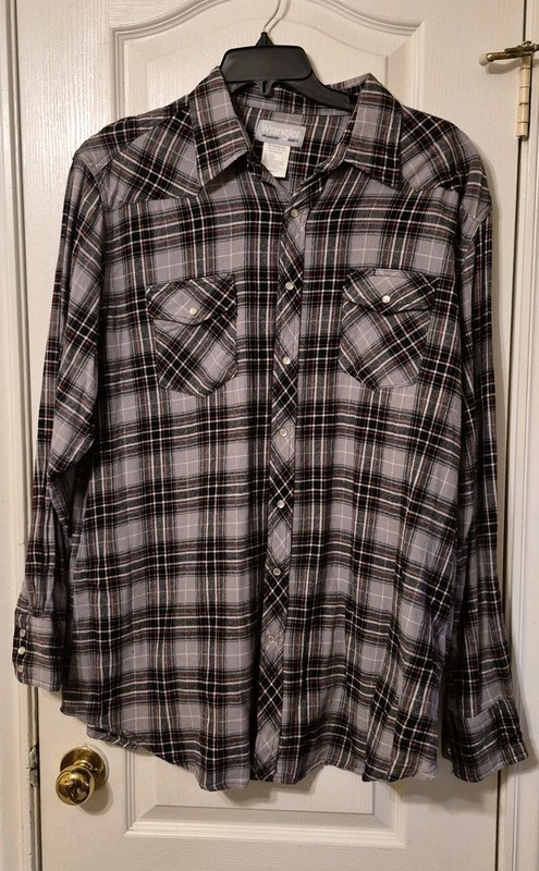 MEN'S WRANGLER GRAY BLACK RED PLAID PEARL SNAP WRANCHER SHIRT Size 2XT 2X TALL