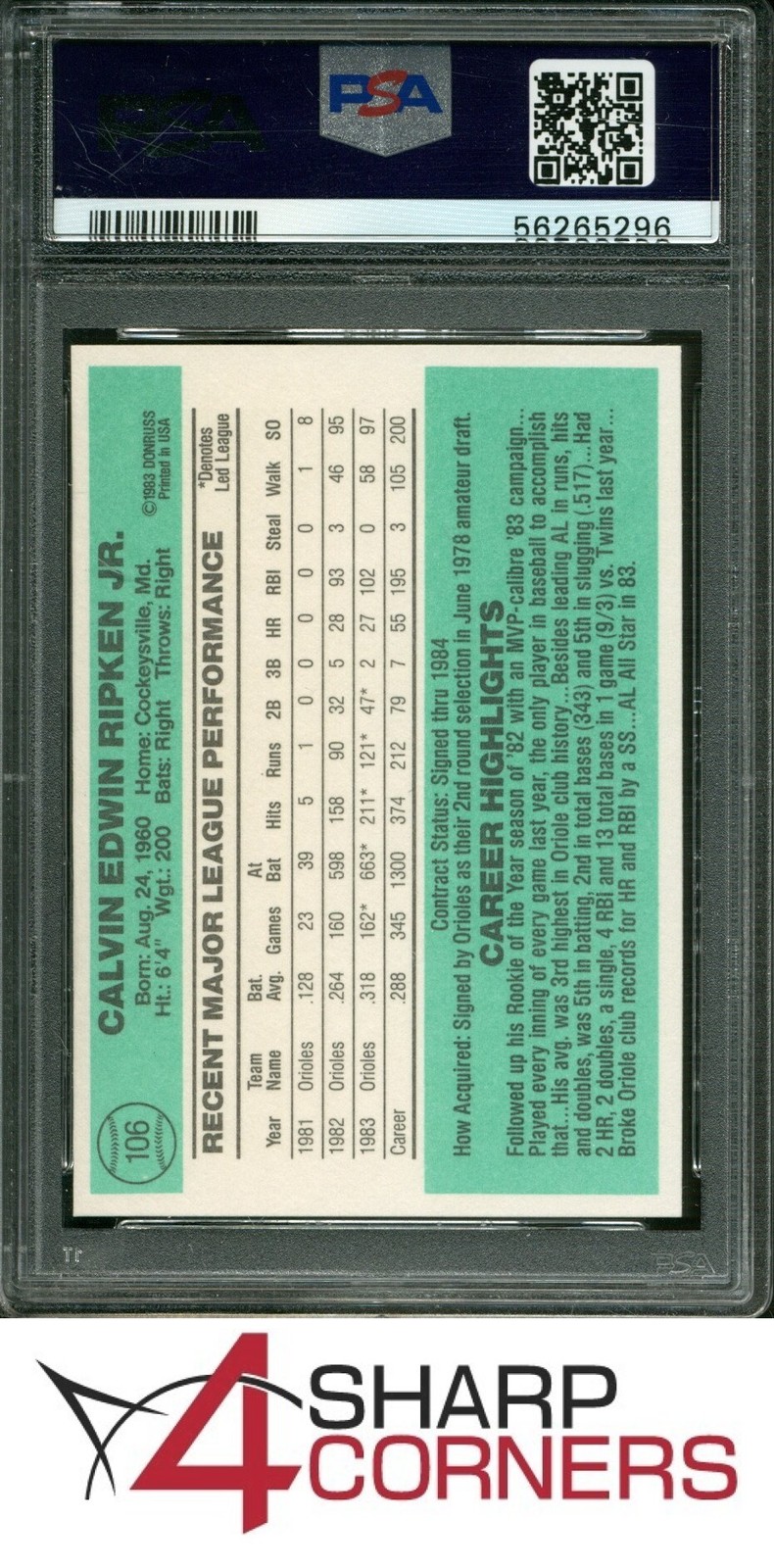 1984 DONRUSS #106 CAL RIPKEN JR. ORIOLES HOF PSA 10 view 2