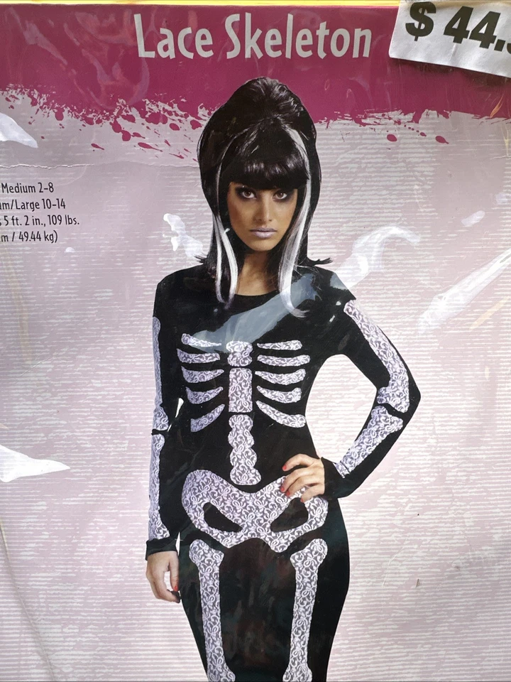 Lace Skeleton Halloween Costume Black White Maxi Dress Gown Party Women S/M 2-8 - Image 3 of 4