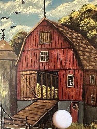 Scena da fienile con lama segata 12" dipinta a mano da M. Gould - arte rustica della fattoria - Foto 3 di 12