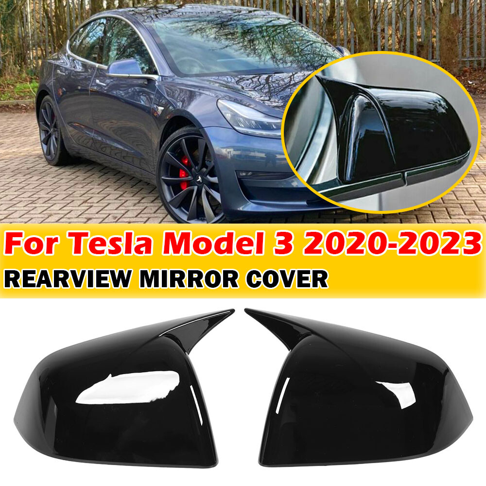 For Tesla Model 3 2020-2023 Pair Gloss Black Ox Horn Rearview Mirror Cover Caps