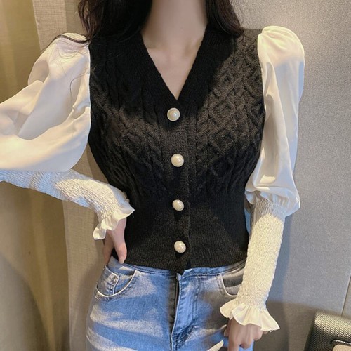 Women Ribbed Knit Cardigan Shirt Crop Top Puff Sleeves Sweater Jumper Korean - Picture 4 of 16