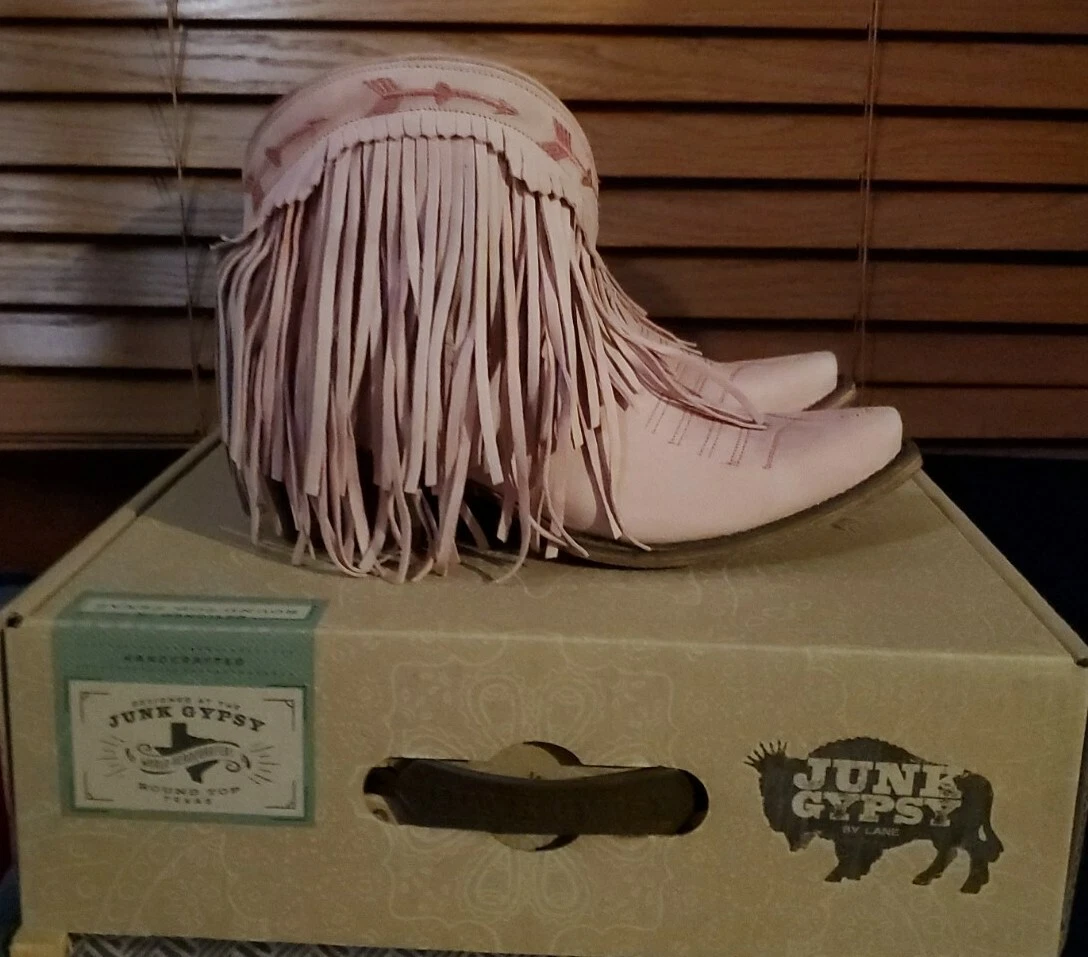 Junk Gypsy x Lane Leather Spitfire Fringe Boots Rose Pink Boho Cowgirl Size 7.5