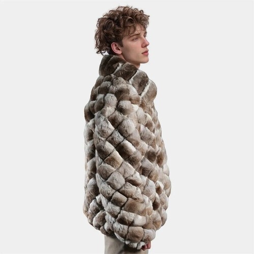 Fashion Men's Real Natural Rex Rabbit Fur Coat Winter Lapel Collar Bomber Jacket - Picture 10 of 20